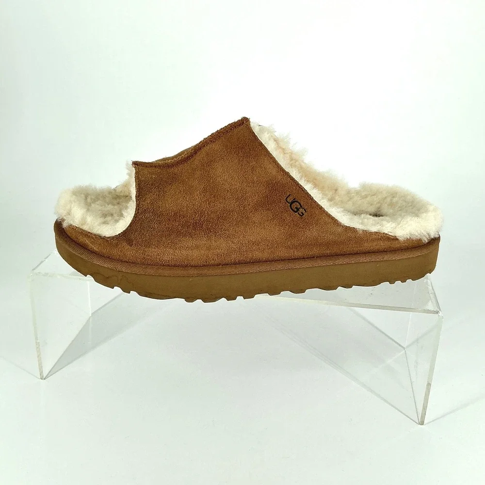 UGG Womens Size 11 Open Toe Chestnut Suede Sheepskin Slides Greenport Slippers - Picture 4 of 11